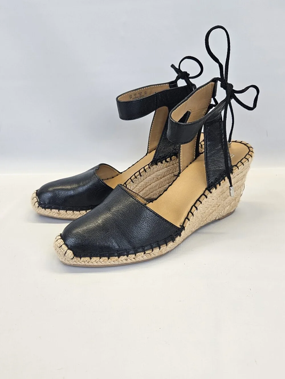Franco Sarto Black Mariska Leather Espadrille Wedge Sandals Womens Ankle Tie 9